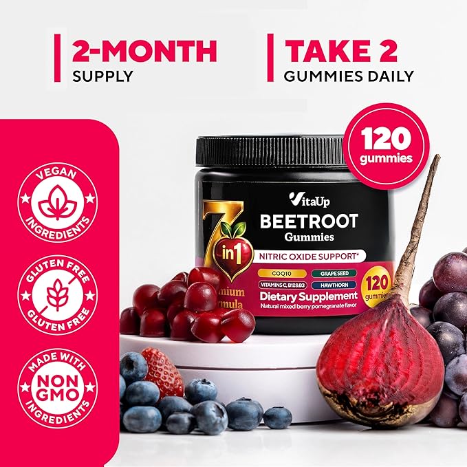 VitaUp Beet Root Gummies – Beetroot Supplement with CoQ10, Grape Seed, Vitamin C, B12 & B3 – Nitric Oxide Gummies for Circulation Support – Beet Supplement for Energy & Immune Support – 120 Beet Chews