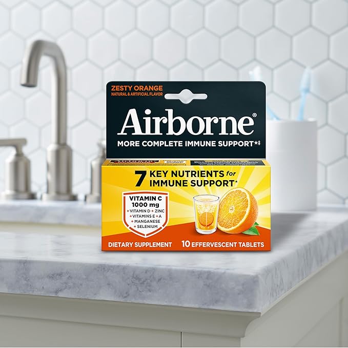 Airborne Immune Support Effervescent Tablets, Zesty Orange Flavor - 10ct with 1000mg Vitamin C + Vitamins A, D, E, Zinc, Selenium, Manganese & Herbal Blend - Sugar‑Free, Gluten‑Free