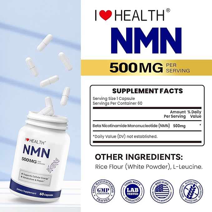 NMN 500MG Per Capsule – High Purity 99.9% NMN, NAD+ Support for Cellular Energy & Healthy Aging, 60 Capsules, Third-Party Tested, cGMP Made in USA
