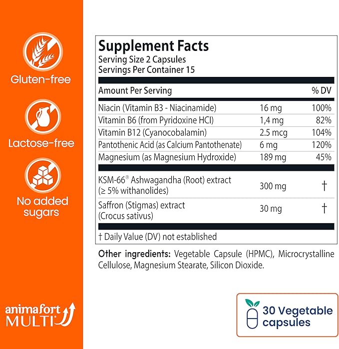 NIAM Laboratorios Ashwagandha KSM-66 & Saffron Supplement | Stress Relief, Mood & Emotional Balance | Vitamin B & Magnesium | Natural Pills for Mental Relaxation | 30 Capsules | AnimaFort Multi