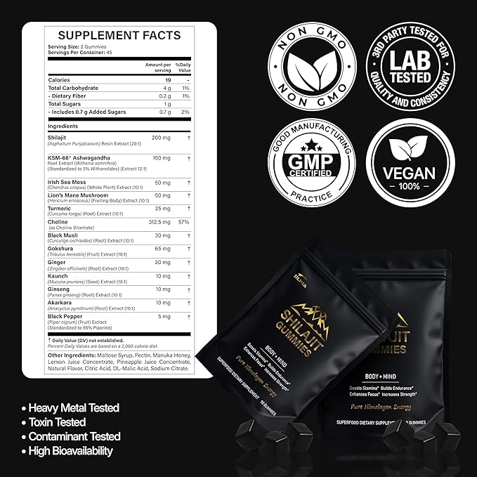 13-in-1 Shilajit Gummies with KSM-66® Ashwagandha | 4000 mg Himalayan Shilajit Extract (20:1), Choline & Botanicals | Sugar-Free, Vegan | Energy, Focus & Daily Vitality Support for Men & Women