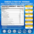 Fish Oil Omega 3 Gummies 1500mg for Adults - Triple Strength with EPA & DHA, COQ10, Red Yeast Rice - Wild Caught Omega 3 Fatty Acids Supplements for Hḙar-t & Brain - Sugar Free, Burpless, 120 Count