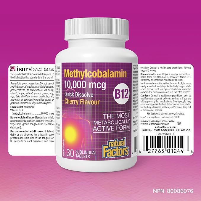 Natural Factors Methylcobalamin 10,000 mcg - Vitamin B12 Supplement in Metabolically Active Form - Supplement Supports Cell Formation & Energy Production - 30 Chewable Tablets (30 Servings)