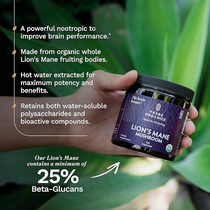 TRIBE ORGANICS Lion’s Mane Supplement 1000mg Mushroom Extract Powder - Immune System Booster & Brain Nootropic for Focus and Memory | Mental Clarity | Natural Energy and Immunity - 120 Vegan Capsules