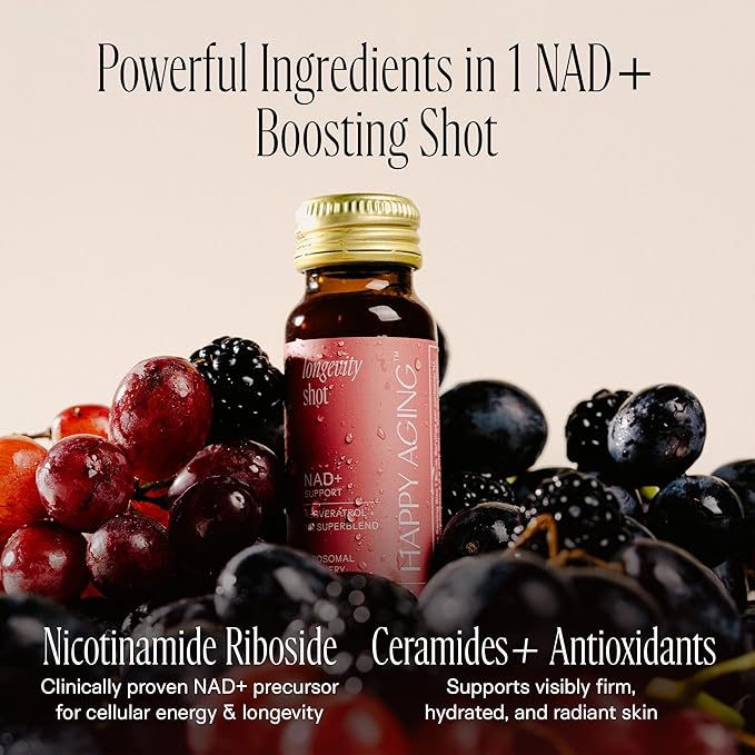 Happy Aging Liquid NAD+ Resveratrol Supplement, NMN Alternative, Liposomal Nicotinamide Riboside & Antioxidants for Energy Support, Brain Health, Firm Skin, Twice Weekly Use, 60 Shots