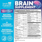 Brain Memory Supplement - 3X Strength Nootropics for Concentration, Clarity & Focus Support - Brain Health Cognitive Vitamins with Bacopa, Phosphatidylserine & DMAE, Brain Booster, 60 Capsules