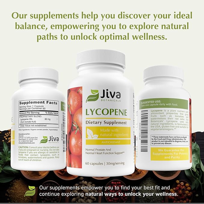 Jiva Botanicals - Lycopene Supplements for Men 30mg - Prostate Health Supplements for Men with Tomato Extract - Prostate, Skin & Antioxidant Lycopene Supplement USA Made, Non GMO, Vegan, 60 Capsules