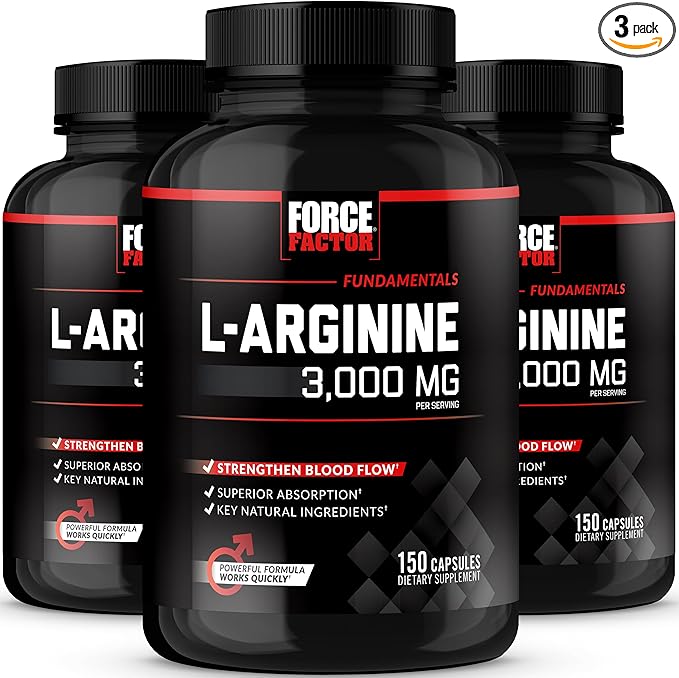 Force Factor L-Arginine,3-Pack,Nitric Oxide Supplement with BioPerine to Help Build Muscle & Support Stronger Blood Flow,Circulation,Nutrient Delivery,& Pumps,L-Arginine 3000mg,3g,450 Capsules
