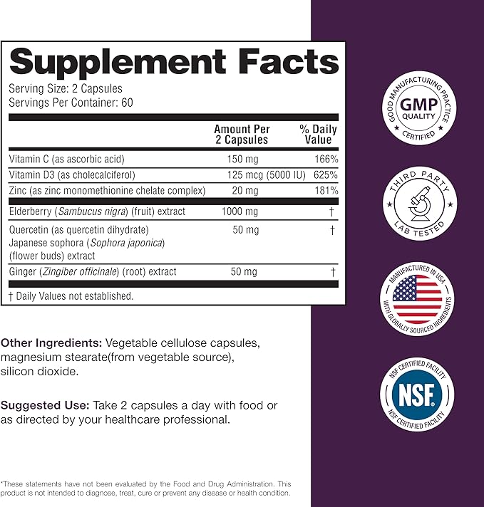 Elderberry Vitamin C and Zinc Capsules for Adults | 360 Count with Quercetin & Vitamin D3 | 6-in-1 Immune Support Supplement Pills | Sambucus Black Elderberry Natural Immunity Vitamins | Made in USA