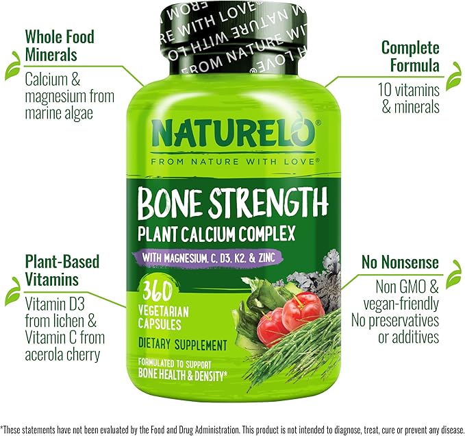 NATURELO Calcium Supplement - with Vitamin C, Vitamin D3, K2, and Calcium Magnesium Zinc for Bone Strength with Calcium 600mg - Plant-Based, 360 Vegetarian Capsules, Non-GMO, Soy & Gluten-Free