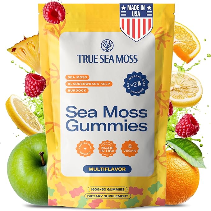 TrueSeaMoss Sea Moss Gummies with Bladderwrack & Burdock Root – Vegan Formula for Adults & Kids – Fruity Flavor – 60 Gummies (Pouch May Vary)