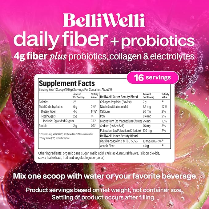 Belli Welli Fiber Supplement for Women&Men, Premium Daily Fiber Powder from Organic Acacia Fiber Added Collagen, Electrolytes&Probiotics, No Bloat, Constipation&Gut Health Support (Cherry Limeade)