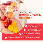 iRestore Biotin Gummies 10,000 mcg - 3 Natural Fruit Flavors, Hair Vitamins Multi Supplement for Hair Skin and Nails for Women & Men, 60 Vegan Gummies, 30 Day Supply