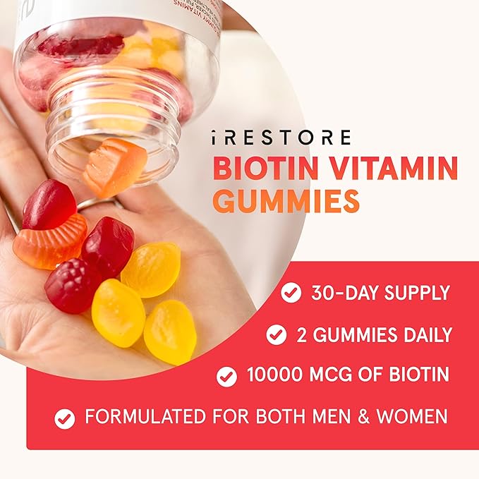 iRestore Biotin Gummies 10,000 mcg - 3 Natural Fruit Flavors, Hair Vitamins Multi Supplement for Hair Skin and Nails for Women & Men, 60 Vegan Gummies, 30 Day Supply
