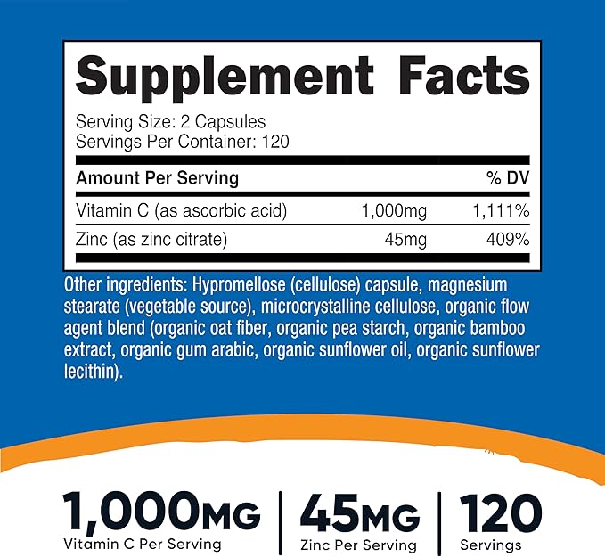 Nutricost Vitamin C with Zinc Capsules, 120 Servings - 1000mg, 45mg Zinc, Non-GMO, Gluten Free Vitamin C Supplement (Pack of 2)