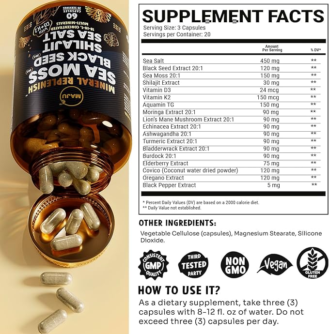Maju Superfoods 18-in-1 Sea Moss, Black Seed, Shilajit, Sea Salt + D3 & K2, Concentrated Extracts, Trace Multi Mineral Capsules, for Men & Women Mineral Electrolytes Supplements