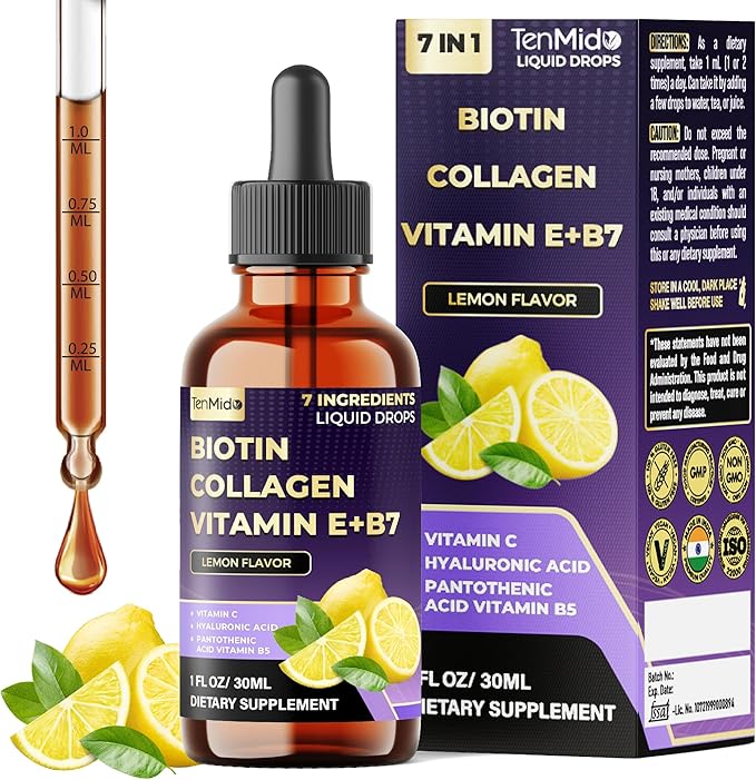 7in1 Biotin and Collagen Supplements - Biotin Liquid Drops with B5 Pantothenic Acid, Vitamin C, Vitamin E, Zinc, Hyaluronic Acid - 30ml 1 Fl Oz