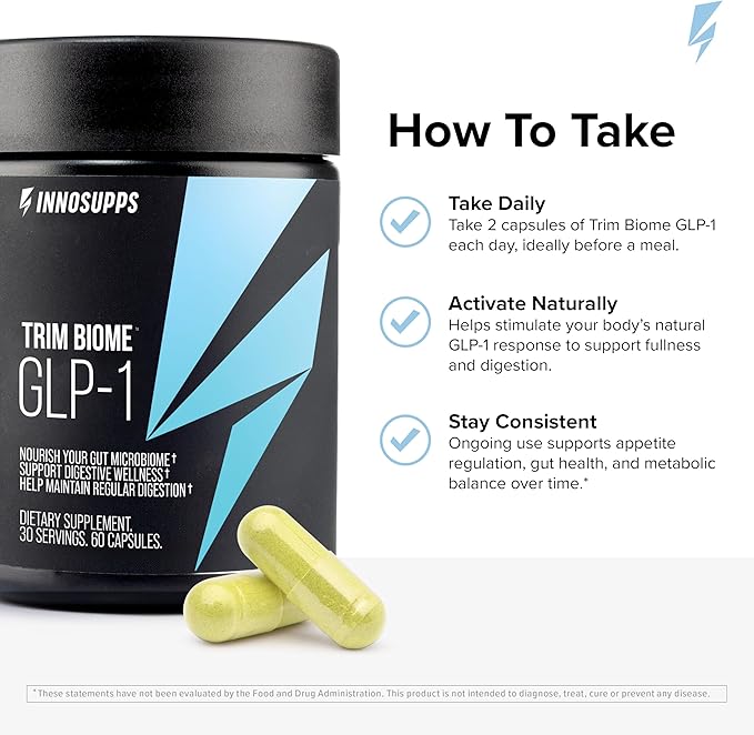 InnoSupps Trim Biome GLP-1 Supplement Weight Loss - Probiotic, Prebiotic, Postbiotic for Gut Health, Appetite & Metabolism Support with Akkermansia, Berberine - 60 Capsules, 30 Servings