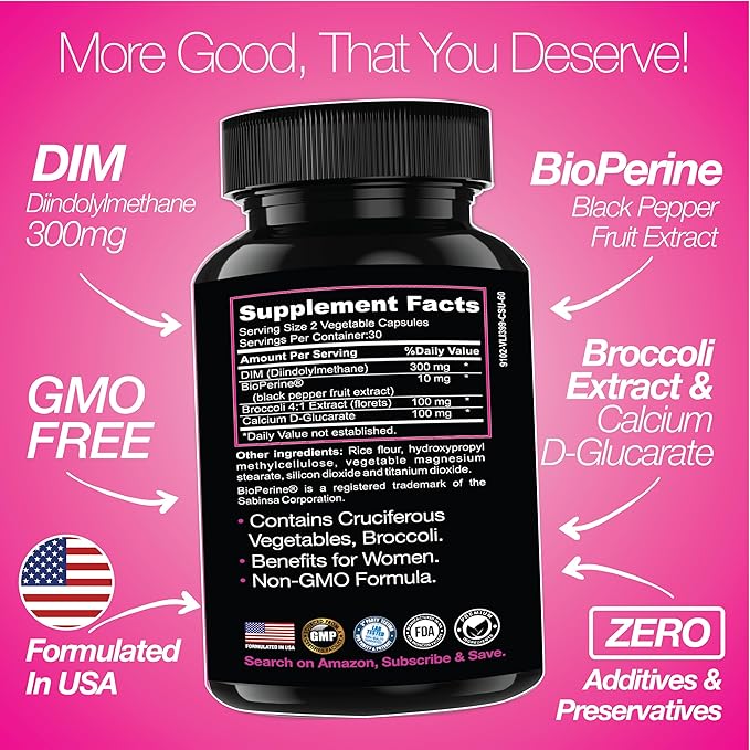 DIM Supplement 300 mg - Hormone Balance for Women, | Estrogen Supplement for Women with Hot Flashes & Night Sweats | Aids in Menopause Symptoms, Estrogen & Oestrogen. 60 Capsules