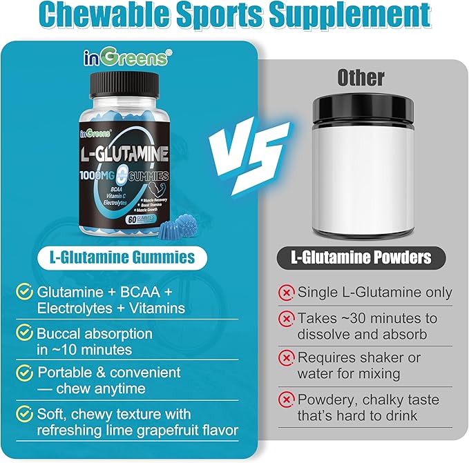 L-Glutamine Gummies 1000mg with BCAA, Potassium, Magnesium & Vitamin C, Muscle Recovery, Endurance Support & Daily Nutrition, Portable Supplement for Men＆Women, Lime Grapefruit Flavor, 120 Count