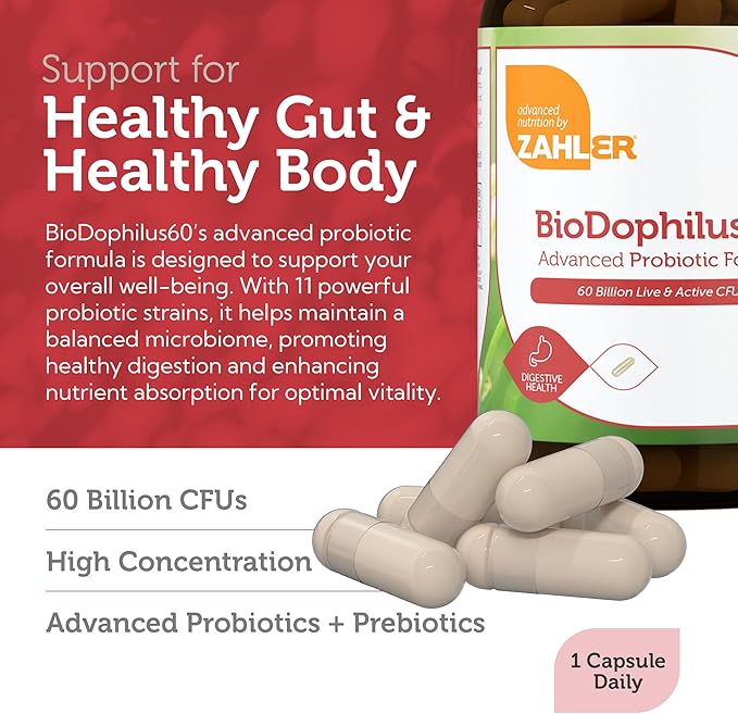 Zahler BioDophilus60, 60 Billion CFU Probiotic + Prebiotic - 11 Strains Daily Probiotic Supplement - Kosher Probiotics for Women for Digestive Health, Probiotics for Men for Gut Health (60 Capsules)