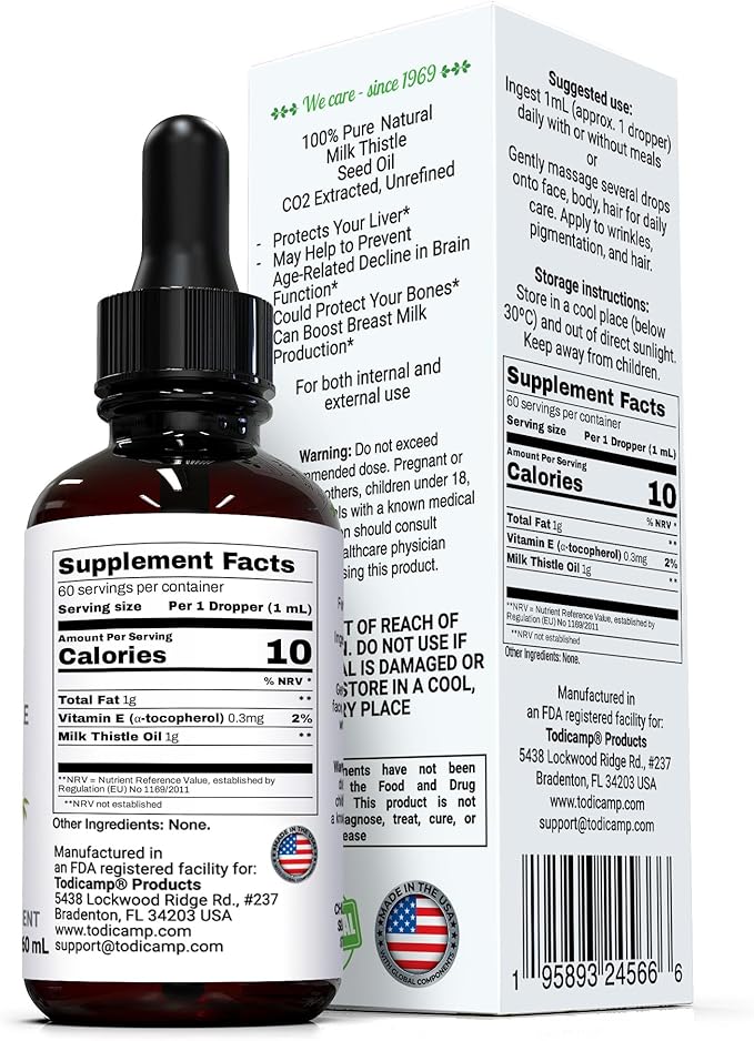 Milk Thistle Seed Oil Extract 2 fl oz - CO2 Liquid Milk Thistle Extract - Rich in Silymarin, VIT E, Zinc, Omegas, Tocopherols - Sweet and Pleasant Taste