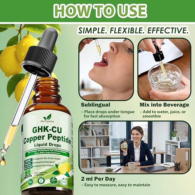 Vita PLynxera GHK-CU Peptide Supplement Liquid Drops, Premium 6-in-1 GHK CU Copper Peptides w. Marine Collagen Hyaluronic Acid Biotin for Anti-Aging, Skin Hair Growth Support, Oral Drops丨Women Men