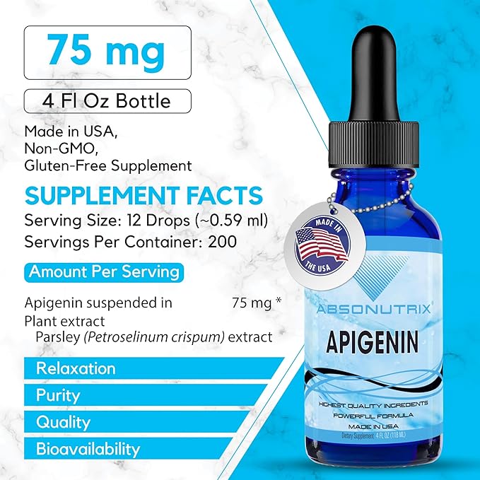 Absonutrix Apigenin 75 mg per Serving, 4 Fl Oz Bottle, 200 Potent Servings, Made in USA, Quick Absorption, Quality Potent Ingredients, Non-GMO, GMP Certified Facility, Cruelty-Free Products