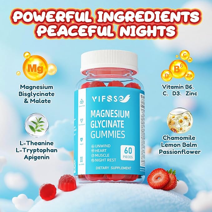 VIFSSG Sugar Free Magnesium Glycinate Gummies 400mg for Adults & 200mg for Kids, Bisglycinate Supplement with L-Theanine, Chamomile, Lemon Balm, Strawberry Flavor, 2-Pack（120 Gummies）