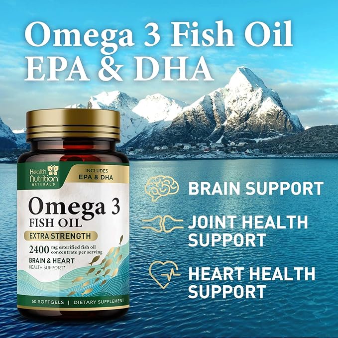 Omega 3 Fish Oil Supplements - 2400mg Fish Oil Per Serving - Triple Strength Omega-3 with EPA & DHA Fatty Acids - Natural Heart, Brain & Immune Support - Wild Caught, Bottled in USA - 60 Softgels