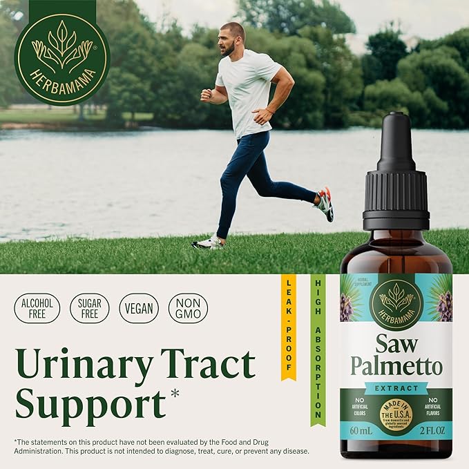HERBAMAMA Saw Palmetto Tincture - Vegan Men's Urinary Tract Support with Saw Palmetto Extract Drops - Non-GMO, Alcohol & Sugar-Free Serenoa Repens Berries Supplement, 84-Day Supply
