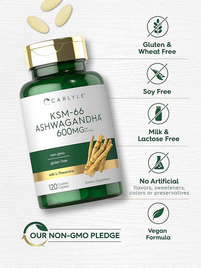 Carlyle KSM-66 Ashwagandha Root Extract 600mg | 120 Vegan Caplets | Supplement with L-Theanine | Non-GMO, Gluten Free