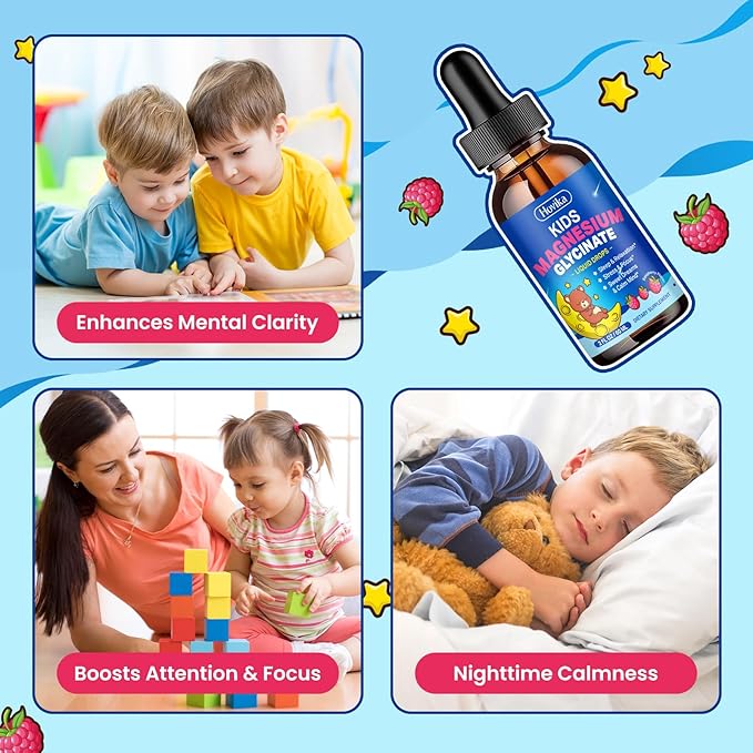 2 Pack Magnesium Drops for Kids - with L-Theanine Omega-3, Vitamin B6, D3, Zinc - Kids Magnesium Glycinate Liquid for Sleep, Relaxation, Calm & Focus - Raspberry Flavor