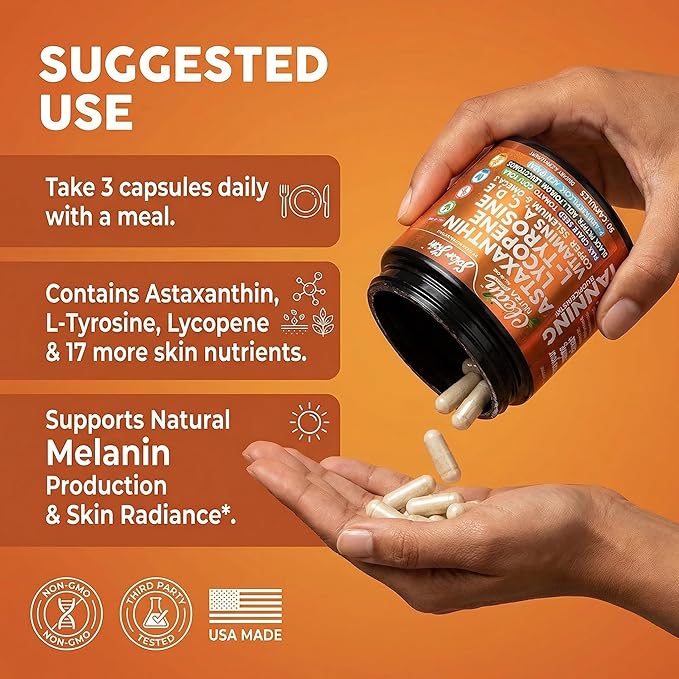 Solar Skin Astaxanthin Tanning Supplement Lycopene L-Tyrosine Vitamins A C D E, PABA Beta Carotene Selenium Grapeseed Extract Omega 3 Flax Seed Copper Capsules By Clea Nutra