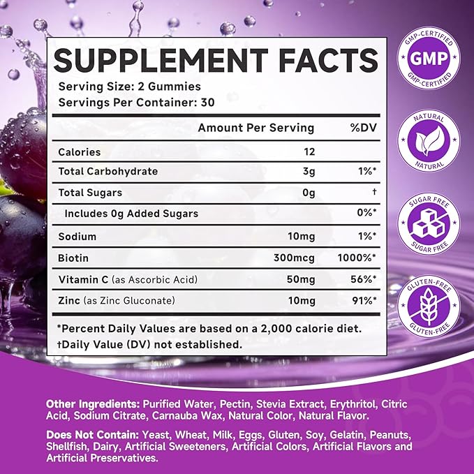 Sugar Free Biotin Hair, Skin & Nails Gummies, Supports Healthy Hair, Skin and Stronger Nails, with Vitamin C, Zinc Chewable Vitamin B7 Supplements for Women & Men, Vegan, Non-GMO, Grape, 60 Count