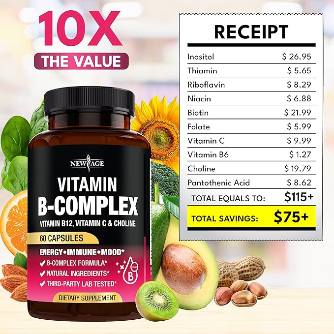 Vitamin B Complex for Men & Women - Made in USA - B-Complex: B1, B2, B3, B5, B6, B7, B8, B9, B12 with Vitamin C, Choline, Inositol - Energy, Brain & Heart Support Supplement - 60 Vegan Capsules