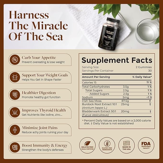 Black Girl Vitamins - Irish Sea Moss Gummies - SeaMoss + Bladderwrack & Burdock - 92 Minerals for Thyroid, Metabolism, and Immunity - Vegan, Gluten-Free, Halal (Mixed Berry, 30 Day Supply)
