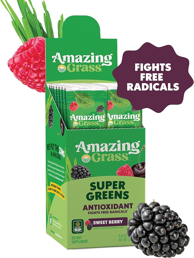 Amazing Grass Greens Blend Antioxidant: Super Greens Powder with Spirulina, Beet Root Powder, Elderberry, Prebiotics & Probiotics, Sweet Berry, 15 Servings (Packaging May Vary)