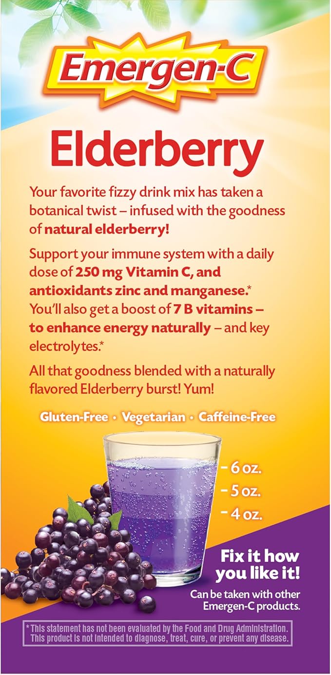 Emergen-C Elderberry Fizzy Drink Mix, Elderberry Immune Support, Natural Flavors, With High Potency Vitamin C, 18 Count