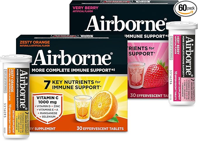 Airborne Variety Pack 1000mg Vitamin C with Vitamin D & Zinc, Sugar Free Multivitamin Immune Support Supplement, Antioxidants Vitamins A C & Vitamin E, 30 Effervescent Tablets, Citrus + Verry Berry