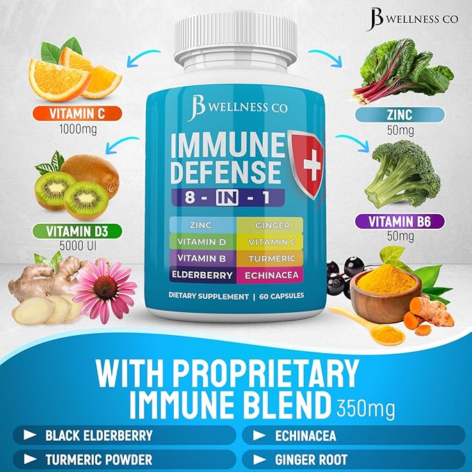 JB Wellness Co Immune Support 8 in 1 Capsules - Zinc Supplement, Vitamin D3, Vitamin C and Elderberry - Immune Booster with Echinacea, Ginger Root, and Turmeric - [2-Pack]