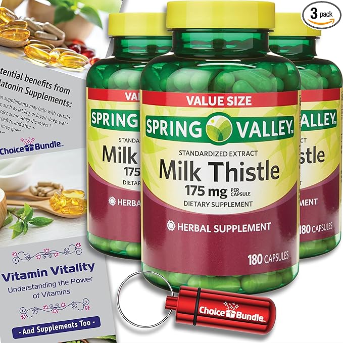 CHOICE BUNDLE Spring Valley Standardized Extract Milk Thistle Dietary Supplement Capsules 175 mg 180 Ct 3 pk (540 Total) + Vitamin Guide and Pill Container (5 Items)!