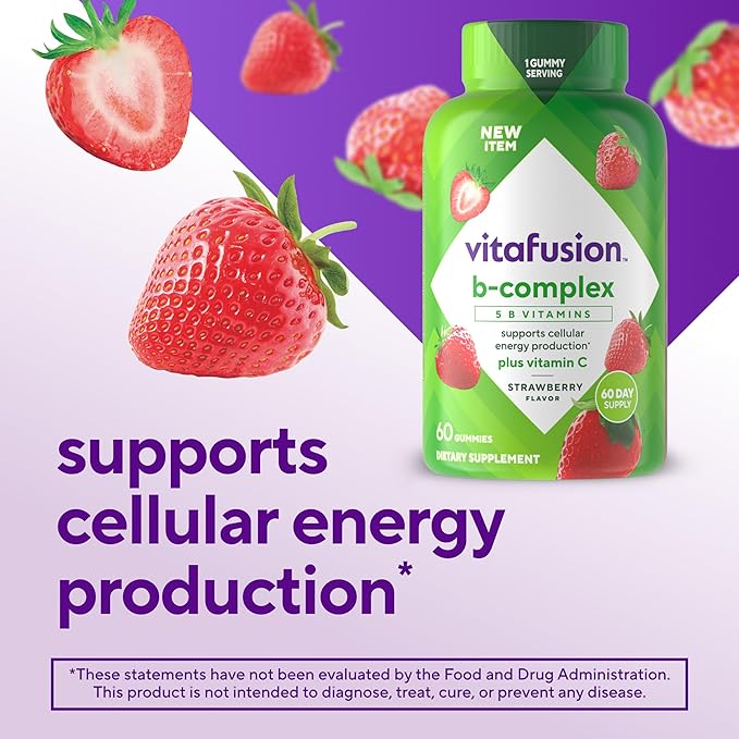Vitafusion B-Complex Gummy Dietary Supplements, with 5 B Vitamins to Support Cellular Energy Production (1), Plus Vitamin C, Strawberry Flavor, 60 Count (Pack of 2)