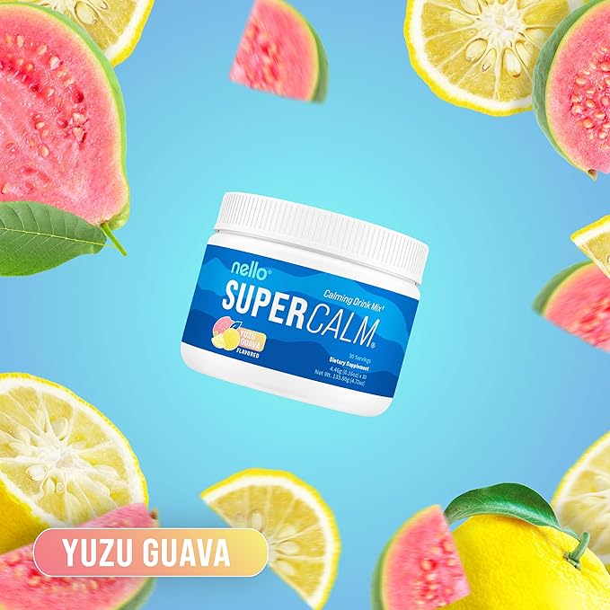 Nello Supercalm Powdered Drink Mix, Yuzu Guava, L Theanine, Ksm-66 Ashwagandha, Magnesium Glycinate, Vitamin D 3, Supplements for Relaxation & Focus, No Sugar, Non GMO, On The Go, 30 Srvgs