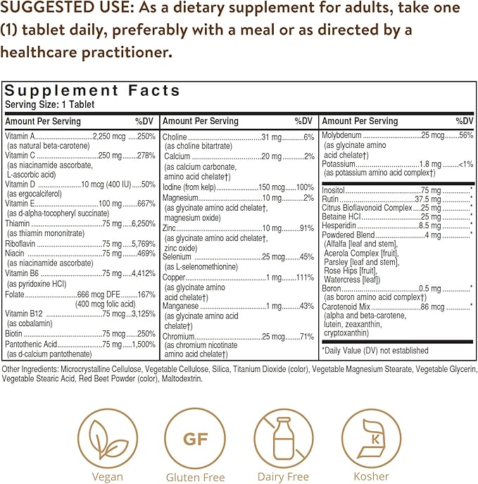 Solgar Iron-Free Formula VM-75, 90 Tablets - Multivitamin with Chelated Minerals - Vitamin A, B6, B12, C, D, E - Biotin, Magnesium, Calcium, Zinc - Vegan, Gluten & Dairy Free, Kosher - 90 Servings
