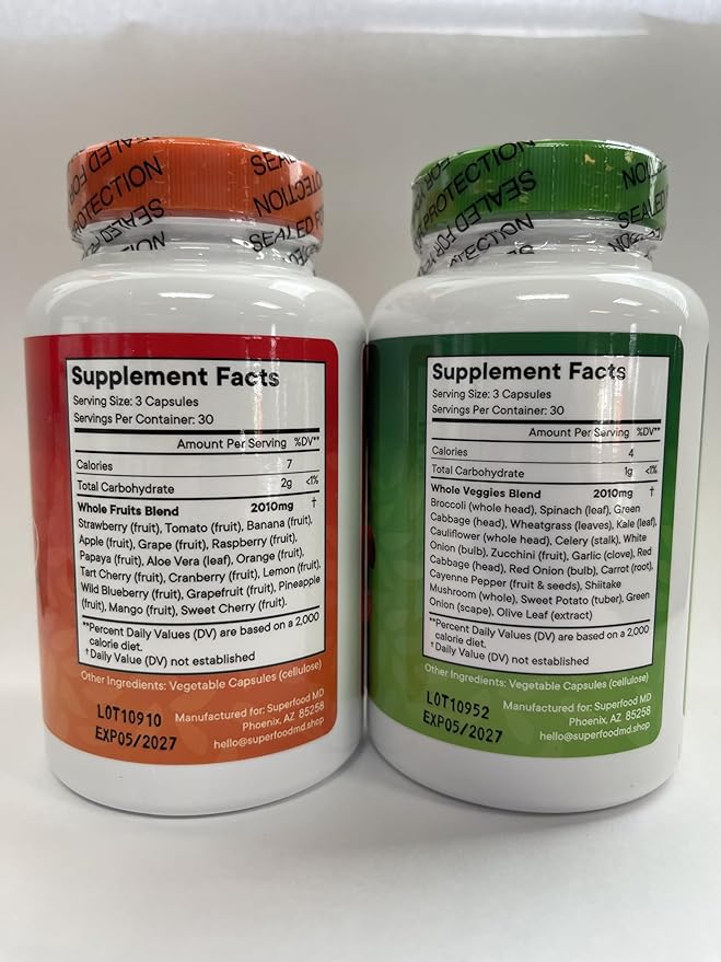 Superfood 180 Fruit and 180 Veggie Capsules - Whole Food Natural Superfoods - Maintain Energy Levels, with Beta Carotene - Soy Free (90 Count (Pack of 4)