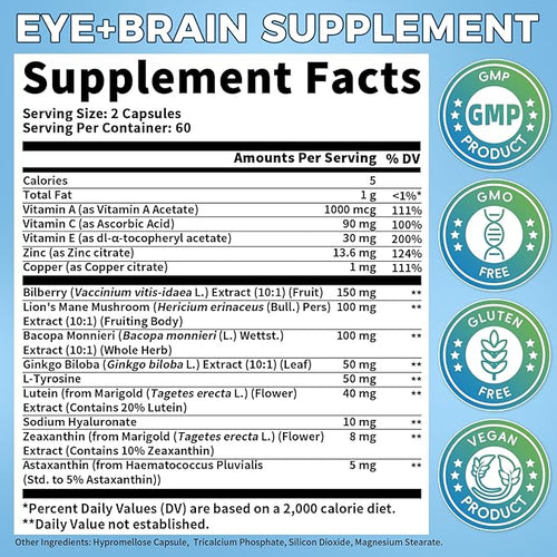 2 Pack Eye + Brain Supplements for Memory and Focus, Lutein 40mg, Zeaxanthin, Astaxanthin, Bilberry, Lion’s Mane, Bacopa Monnieri, Ginkgo Biloba, 14 in 1 Eye Vitamins for Adults & Seniors 240 Capsules