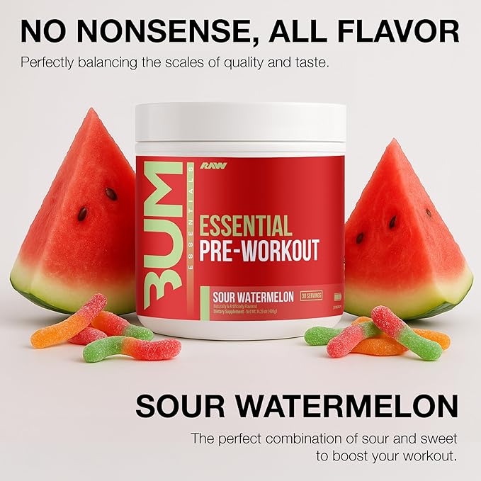 RAW Essential Pre-Workout Powder (Sour Watermelon) - Chris Bumstead Sports Nutrition Supplement for Men & Women - Preworkout Energy Powder with Caffeine, L-Citrulline & Beta Alanine Blend - 2-Pack