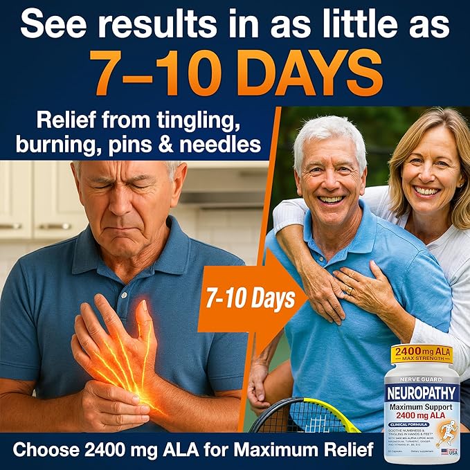 Neuropathy Support Supplement with 2400 mg Alpha Lipoic Acid to Reduce Nerve Discomfort in Feet Hands Toes – Max Strength 2400mg ALA, Vitamins B12 B6 & B1, Magnesium, Turmeric – 60 Capsules