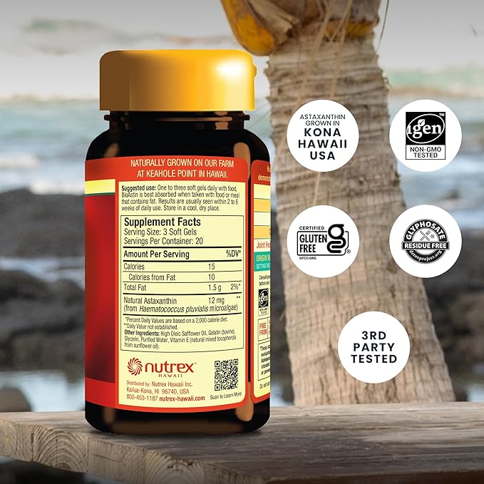 Nutrex Hawaii BioAstin Hawaiian Astaxanthin - 4mg, 60 Softgels - Farm-Direct Premium Antioxidant Supplement to Support Eye, Skin, Joint & Immune System Health - Non-GMO & Gluten-Free